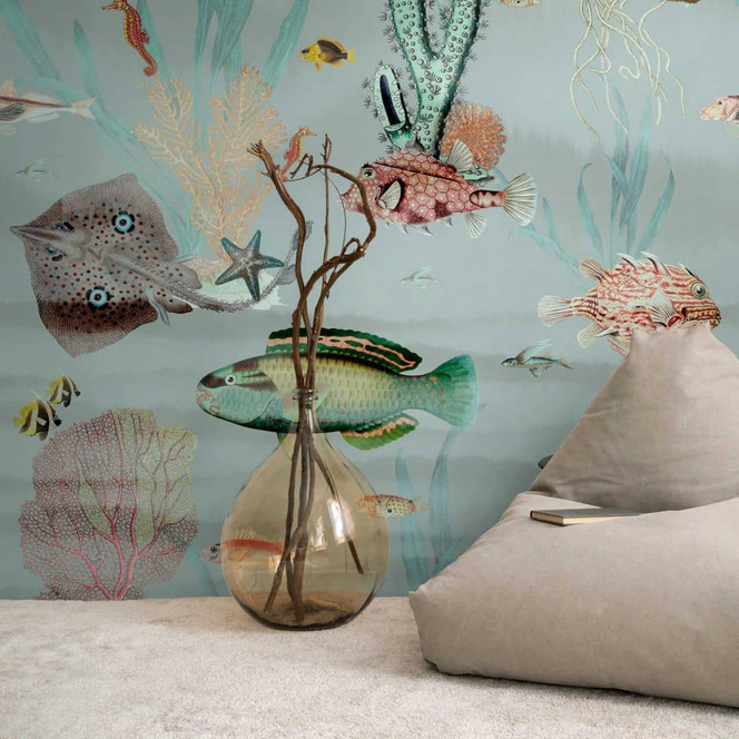 Unterwasser-Tapete Türkis Bunt - Vliestapete mit Fischen für Bad & Wohnzimmer