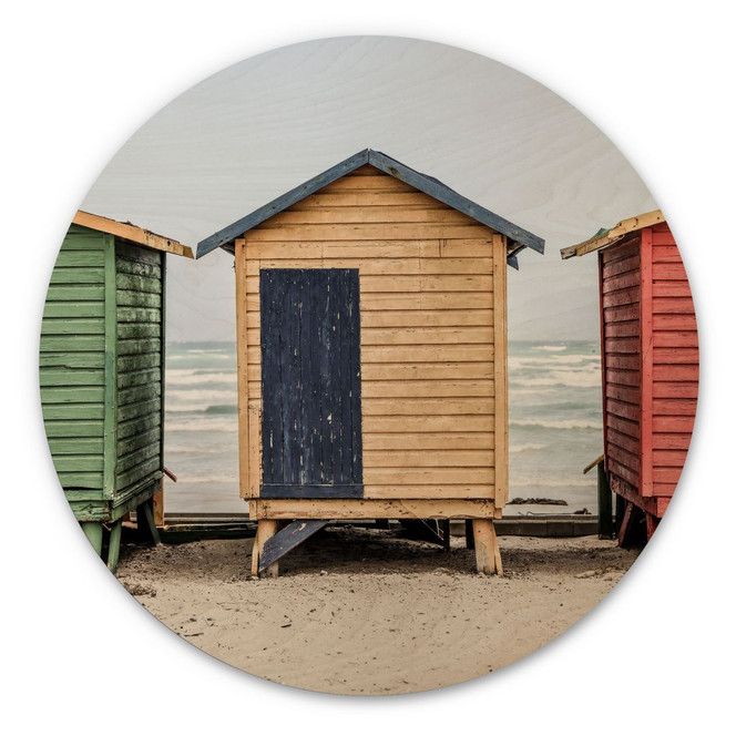 Holzbild Küstencharme - Bunte Hütten am Meer - Shot by Clint - Rund