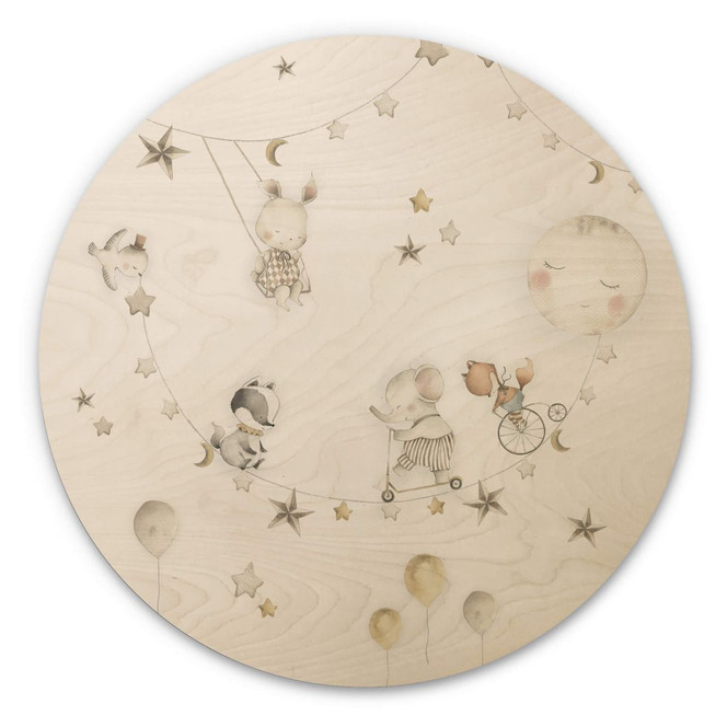 Kinderzimmer Holzbild Fröhliche Tiere mit Sternenhimmel - Oliver Robins - Rund