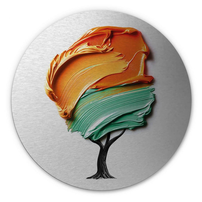 Wandbild mit Silbereffekt Baum mit oranger und grüner 3D-Krone - Mielu - Alu-Dibond Rund
