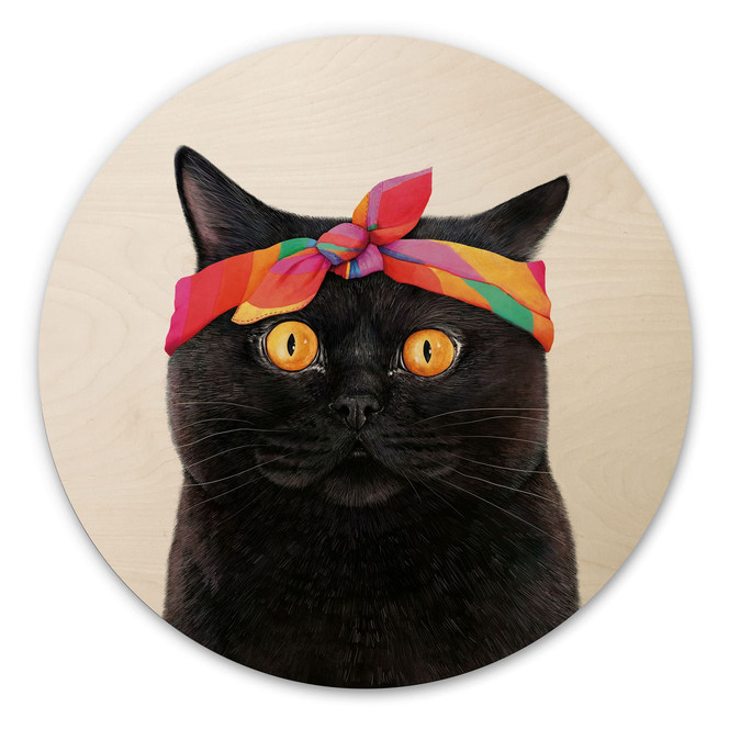 Holzbild Schwarze Katze mit Bandana - Korenkova - Rund