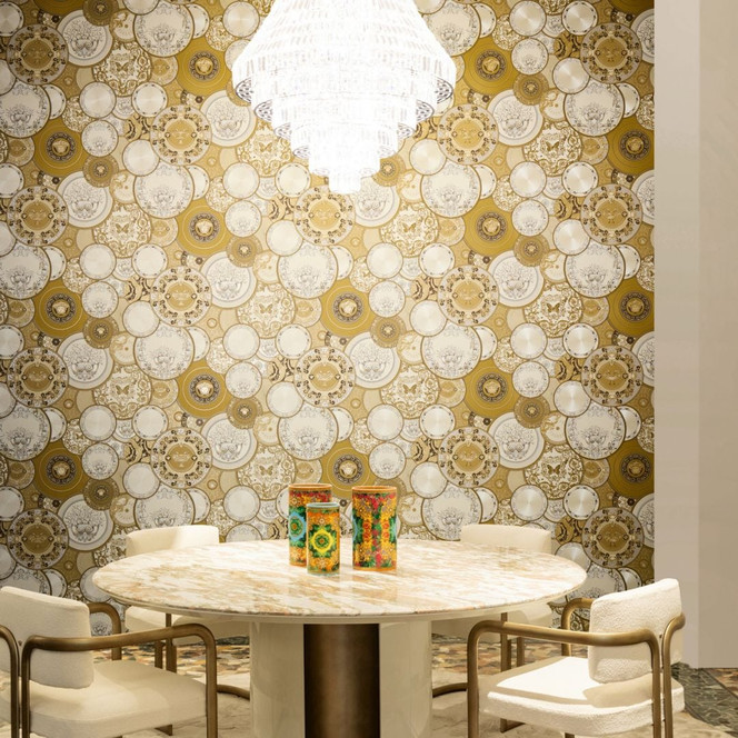 Versace Vliestapete Art De La Table Barock Kreise Medusa Mäander Gold Creme