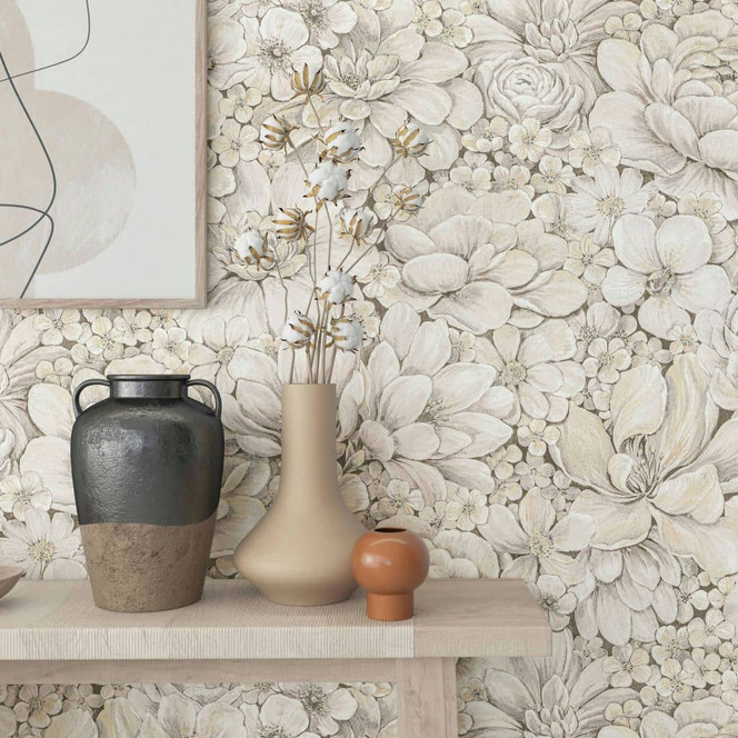 Vliestapete mit stark strukturiertem Blattmotiv greige Floral