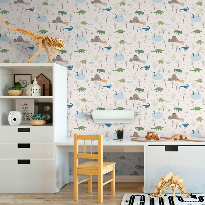 Dinosaurier-Tapete Bunt auf Beige - Vliestapete mit Vulkan und Urzeit-Motiv