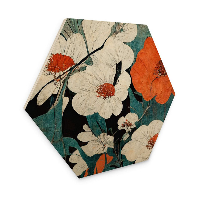 Hexagon Holzbild Asiatische Blütenpracht - Treechild