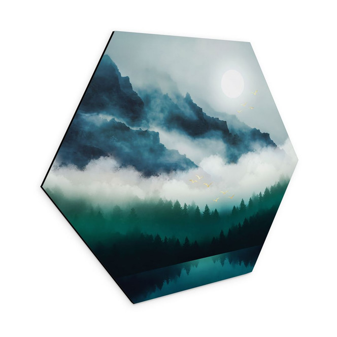 Hexagon Wandbild Neblige Landschaft in der Nacht - SpaceFrog Designs - Alu-Dibond