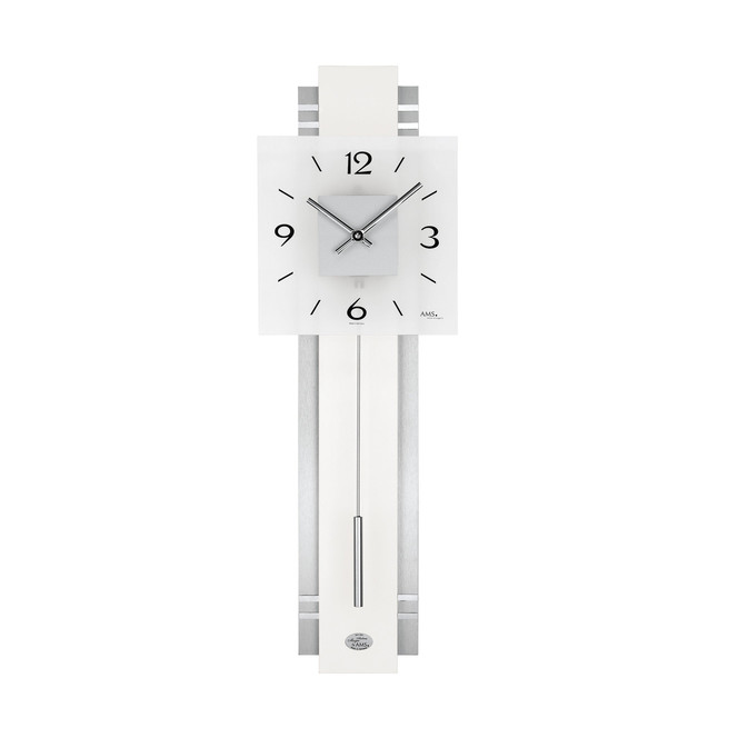 Pendelwanduhr Holzrückwand Aluminium mit Dekor Weiss