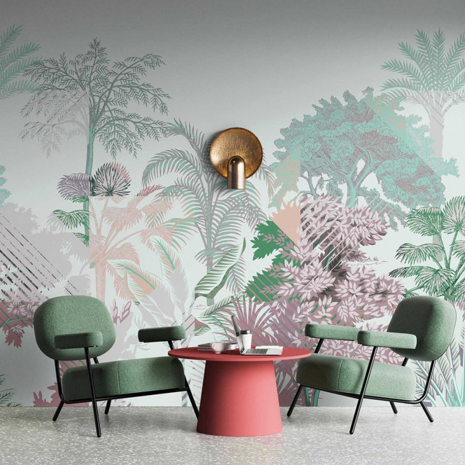 Tropische Fototapete in Pastelltönen - Vliestapete mit Palmen- und Farnmotiven