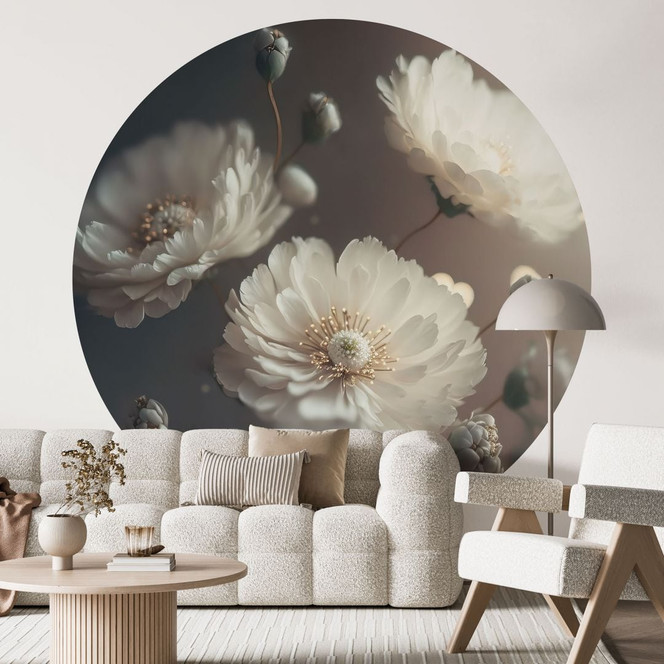 Fototapete Weisse Blumen mit Goldstaub - Treechild - Rund - Selbstklebend/Vlies
