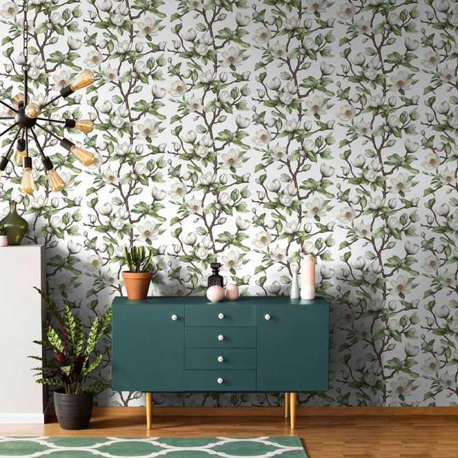 Vliestapete Äste, Blumen Floral Natur Weiss Grün