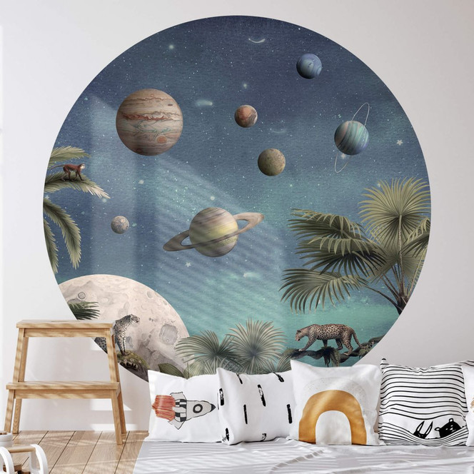 Kinderzimmer Fototapete Kikki Belle - Tropische Fantasiewelt mit Planeten und Palmen - Rund - Selbstklebend/Vlies