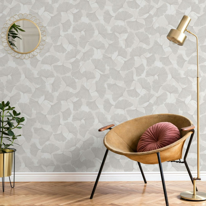 Vliestapete 3D, Blätter Floral Natur matt in Grau Beige