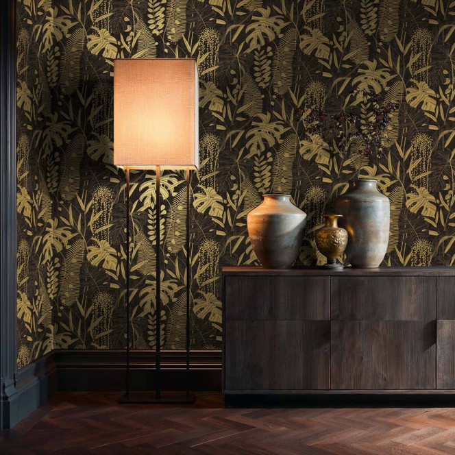 Vliestapete Palmenblätter schwarz gold metallic Tapete Wandtapete Tropen