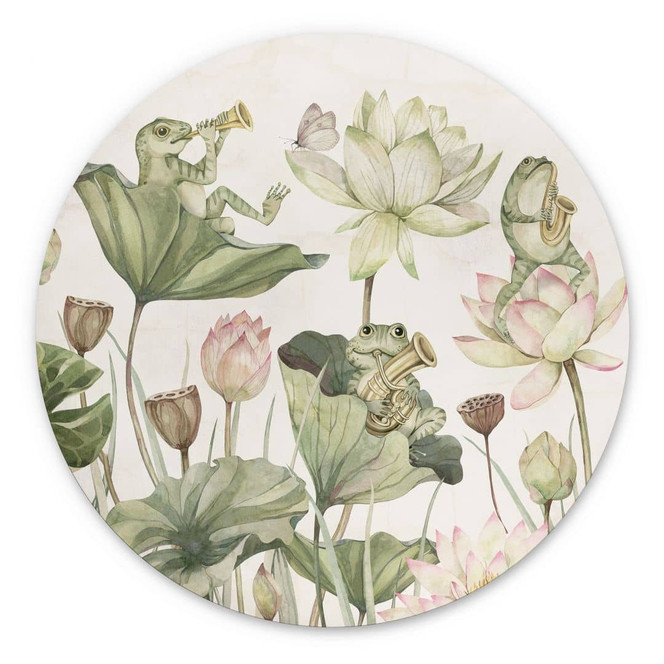 Wandbild Frosch-Orchester auf Seerosen - Kikki Belle - Rund - Alu-Dibond
