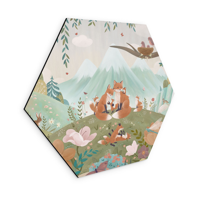 Hexagon Wandbild Fuchs Familie auf der Blumenwiese - Oliver Robins - Alu-Dibond