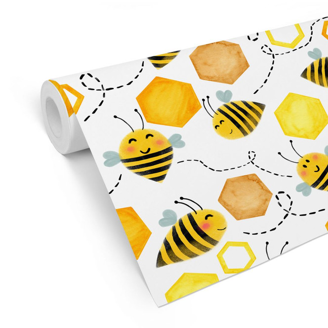 Mustertapete für das Kinderzimmer - Süsse Bienen mit Waben - UN Designs