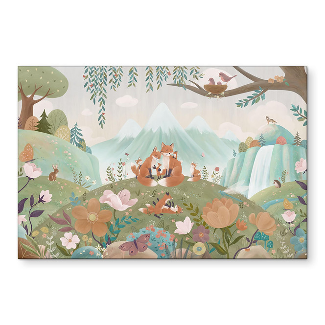 Wandbild Fuchs Familie auf der Blumenwiese - Oliver Robins - Alu-Dibond