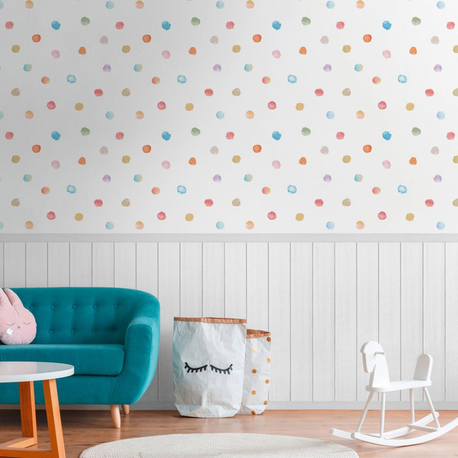 Fototapete Bunte Punkte Aquarell mit Holzpaneel Weiss – Vliestapete verspielt & erweiterbar