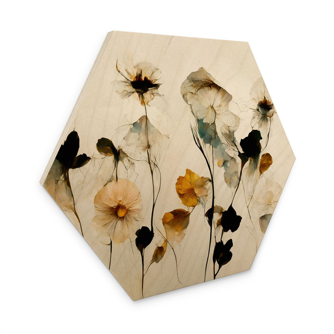Hexagon Holzbild Filigrane Trockenblumen in Naturtönen - Treechild