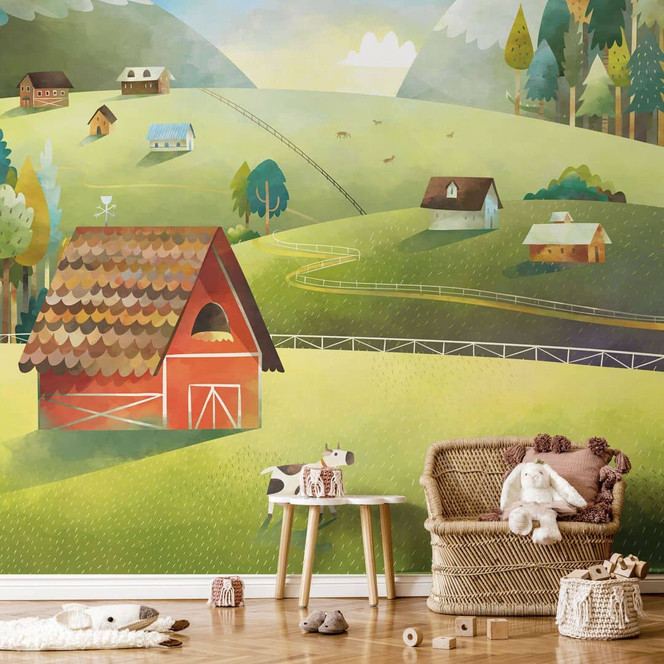 Kinderzimmer Fototapete Bunter Bauernhof in den Bergen - DigitalArtsi