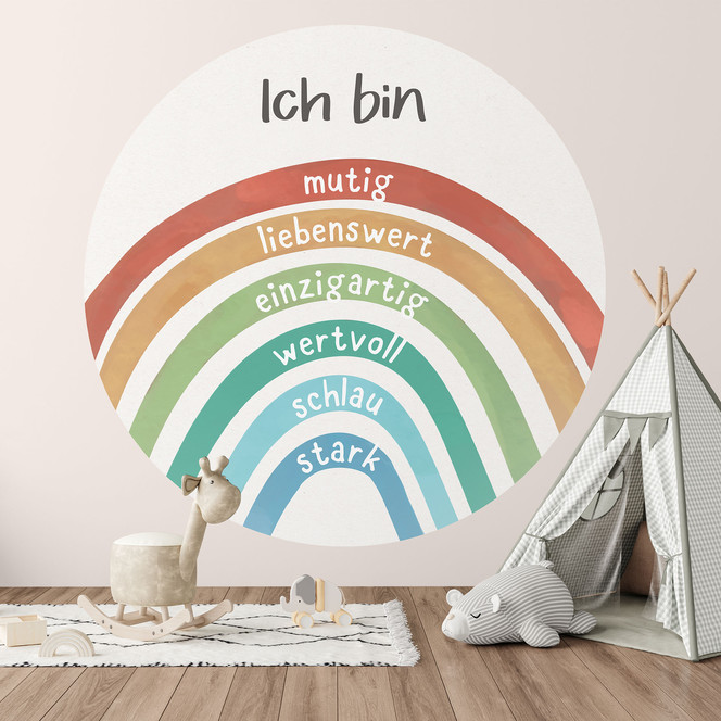 Runde Kinderzimmer-Tapete mit Regenbogen und Mutmachsätzen