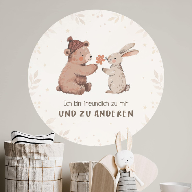 Rundes Wandtattoo mit Bär und Hase - Mutmachspruch "Ich bin freundlich" fürs Kinderzimmer