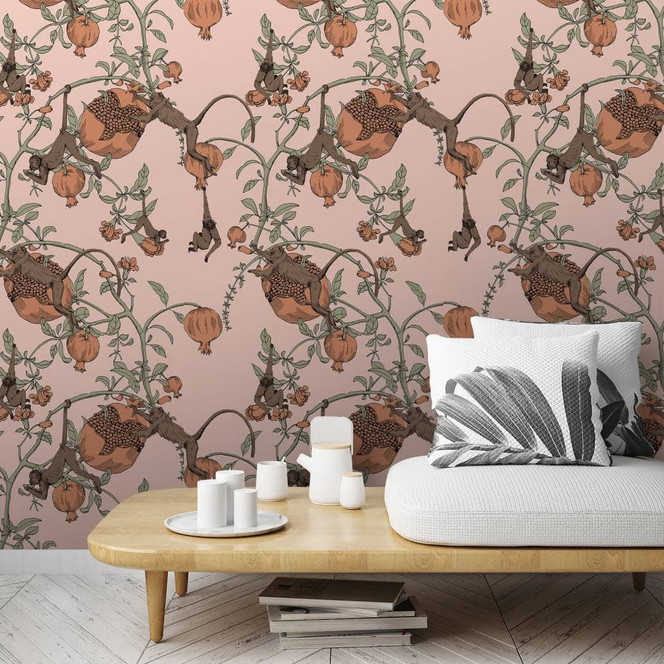 Fototapete mit Affen und Pflanzen, Rosa Floral 3.40 x 1.06 m