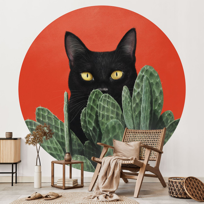 Fototapete Schwarze Katze im Kaktus-Versteck - Korenkova - Rund