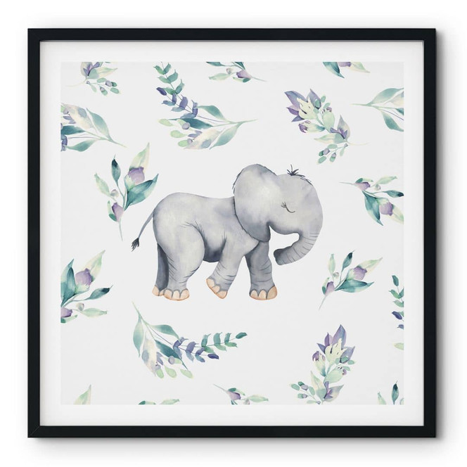 Poster Niedlicher Babyelefant zwischen Boho-Zweigen - UN Designs - Quadratisch