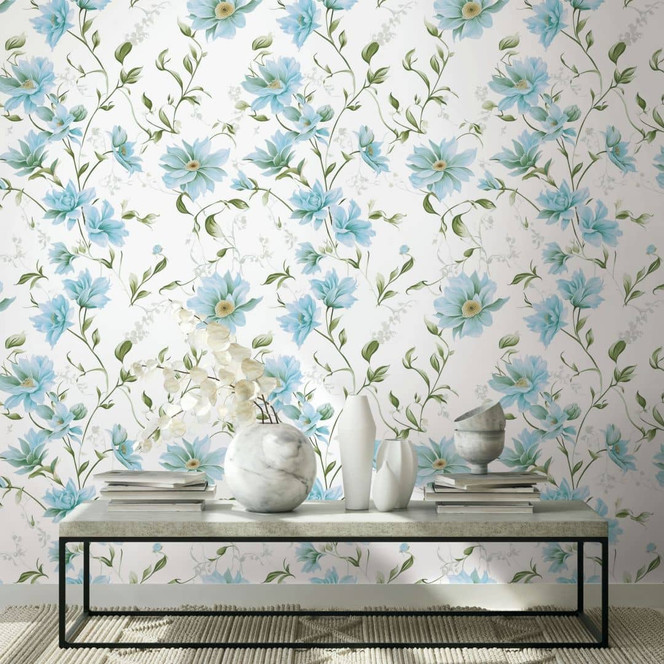 Vliestapete Blumen, Blätter Floral Natur matt in Weiss Grün Blau