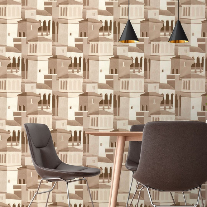 Vliestapete mit Architekturmotiv in Beige- und Brauntönen