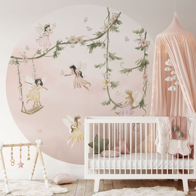 Kinderzimmer Fototapete - Kleine Feen über rosa Wolken - Oliver Robins - Rund - Selbstklebend/Vlies