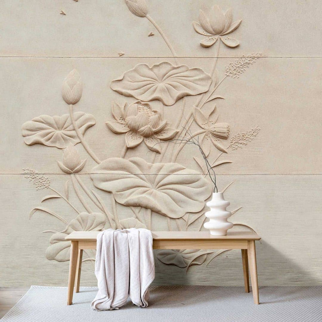 Fototapete Relief Blumenmuster Tapete - Elegantes 3D Wanddesign in Creme