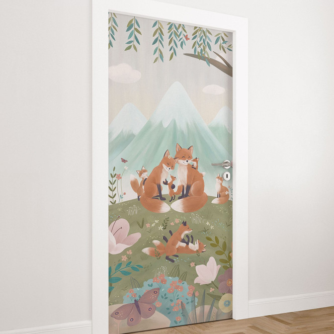 Türfolie Fuchs Familie auf der Blumenwiese - Oliver Robins