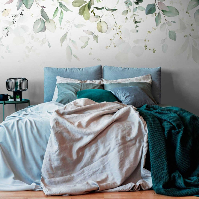 Fototapete Blätter Grün Weiss - Vliestapete mit Aquarellmotiv für Wohnzimmer & Schlafzimmer