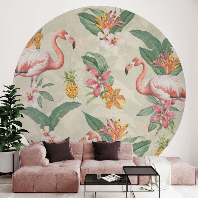 Fototapete Flamingo und tropische Blätter - Bloomery Decor - Rund - Selbstklebend/Vlies