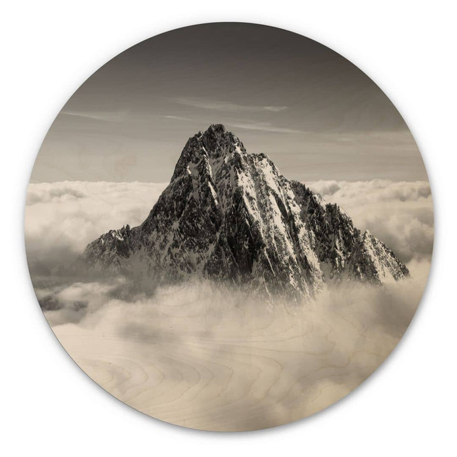 Holzbild Bergspitze über den weissen Wolken - Rund