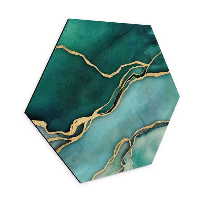 Hexagon Wandbild Marmor in Gold-grün - Haase - Alu-Dibond