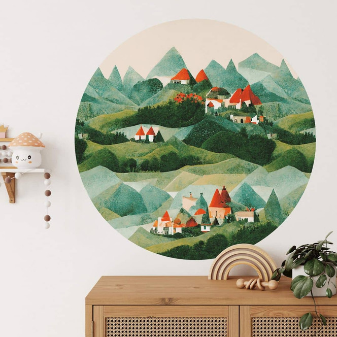 Kinderzimmer Wandtattoo Treechild - Kleines Dorf inmitten grüner Hügel - Rund