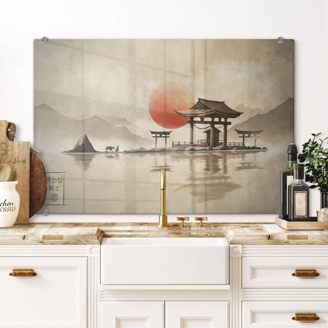 Spritzschutz Japanischer Tempel im Sonnenaufgang - Roze