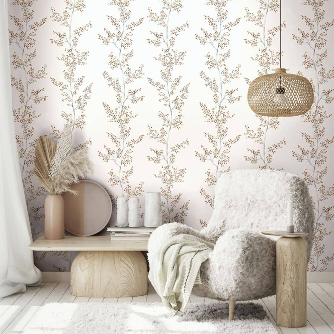 Vliestapete Blätter, Äste Floral Natur matt in Weiss Beige