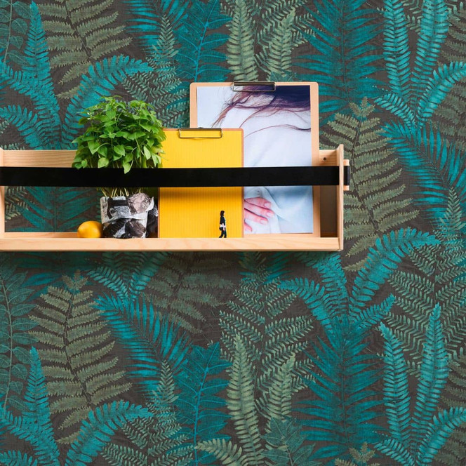 Florale Tapete mit Farn Blau Grün - Mustertapete mit Farnblättern