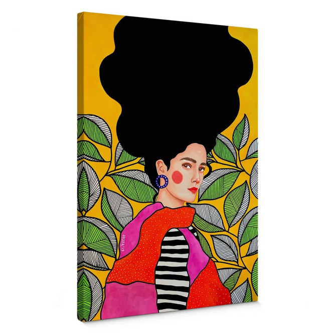 Leinwandbild Frau mit grün-weissen Blättern - Hülya