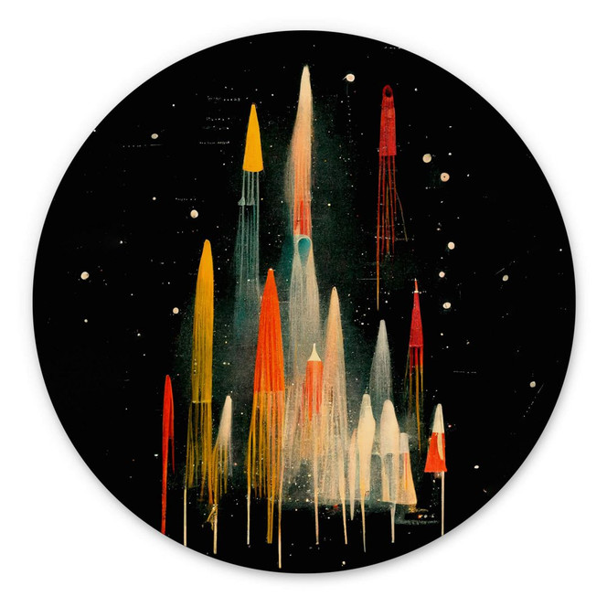 Rundes Wandbild Treechild - Bunte Raketen auf galaktischer Reise - Alu-Dibond