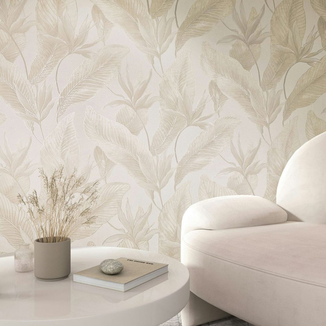 Vliestapete Blumen, Blätter Floral Natur in Beige