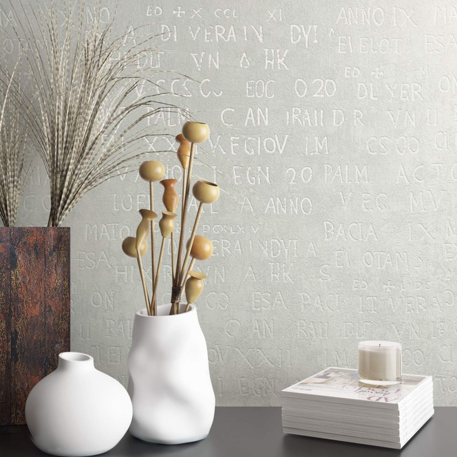 Vliestapete mit Buchstaben und Zahlen weiss, grau Grafisch