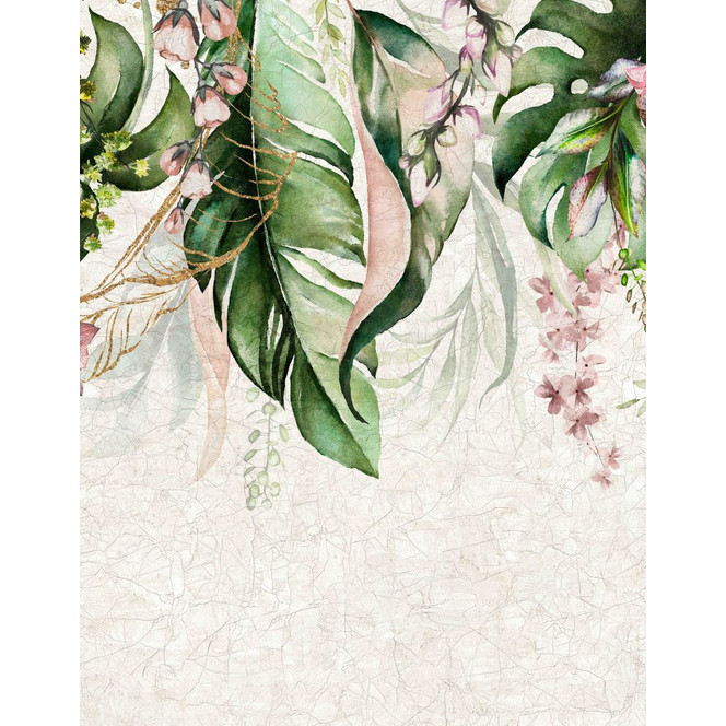 Fototapete Motivtapete Aquarell Dschungelblätter mit zarten Blüten 3.4 x 2.65 m