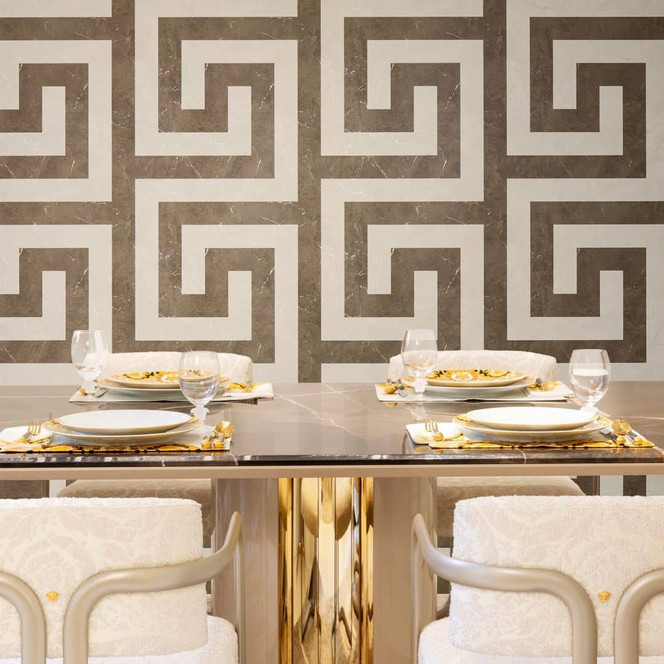 Versace Vliestapete Greek Mäander Grafik Braun Creme Grau Marmoroptik luxuriös
