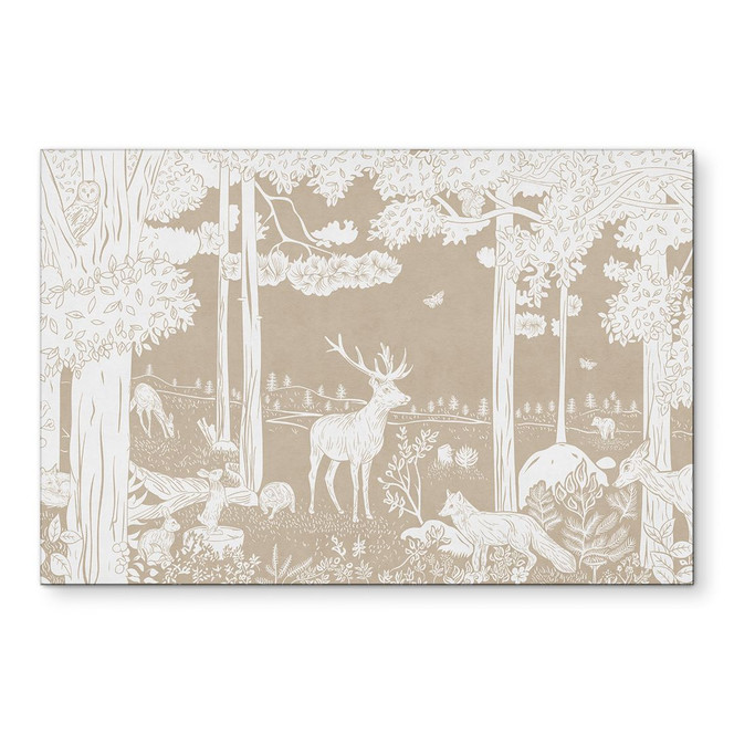 Wandbild Herbstlicher Wald mit Hirschen und Füchsen - Braun - Kikki Belle - Alu-Dibond
