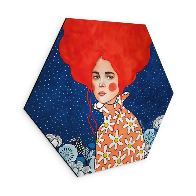 Hexagon Wandbild Frau mit rotem Haar und Blüten - Alu-Dibond - Hülya